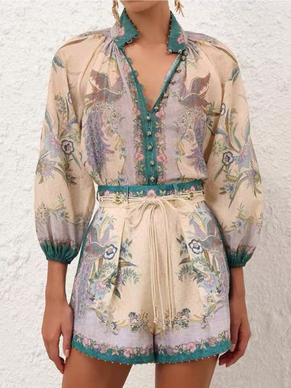 ZIMMERMANN Green Paisley Print Blouse & Shorts Set size 0